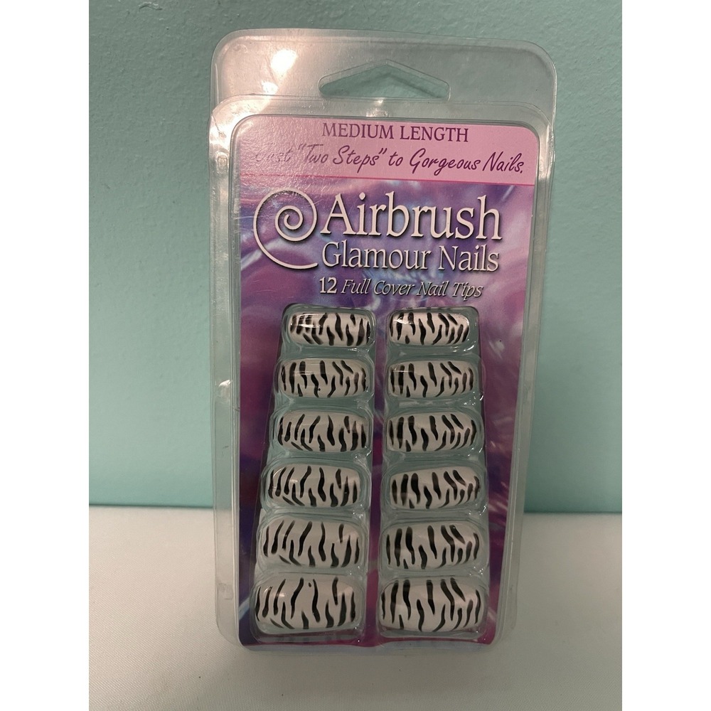 Airbrush Glamour Nails**NO‎ GLUE* 12 Full Covered Nail Tips Zebra Print